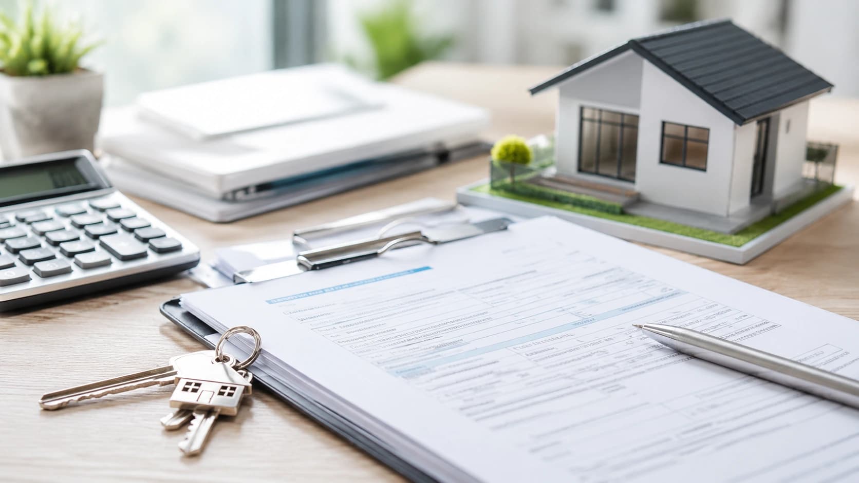Documentos, chaves e maquete de casa representando financiamento imobiliário